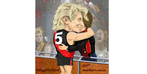 James Hird celebratory hug with fan during a sensational game.