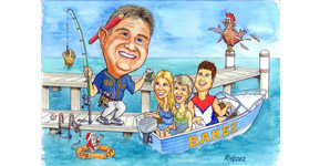 Fisherman father and family caricature