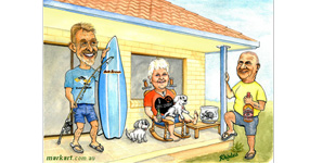 Surfer Dad family caricature - Ink and Watercolour A3